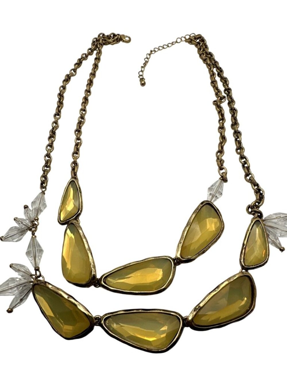 Mid Century Modernism Statement Necklace Yellow Lucite Beads Antiqued Gold Tone